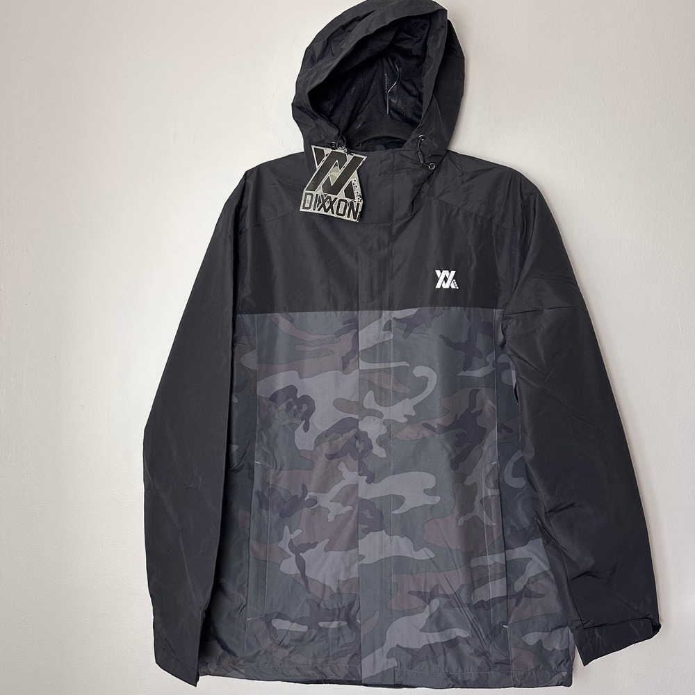 Dixxon Tech Jacket  Men Large Camo Hooded Windbreaker Black Gray Lightweight‎